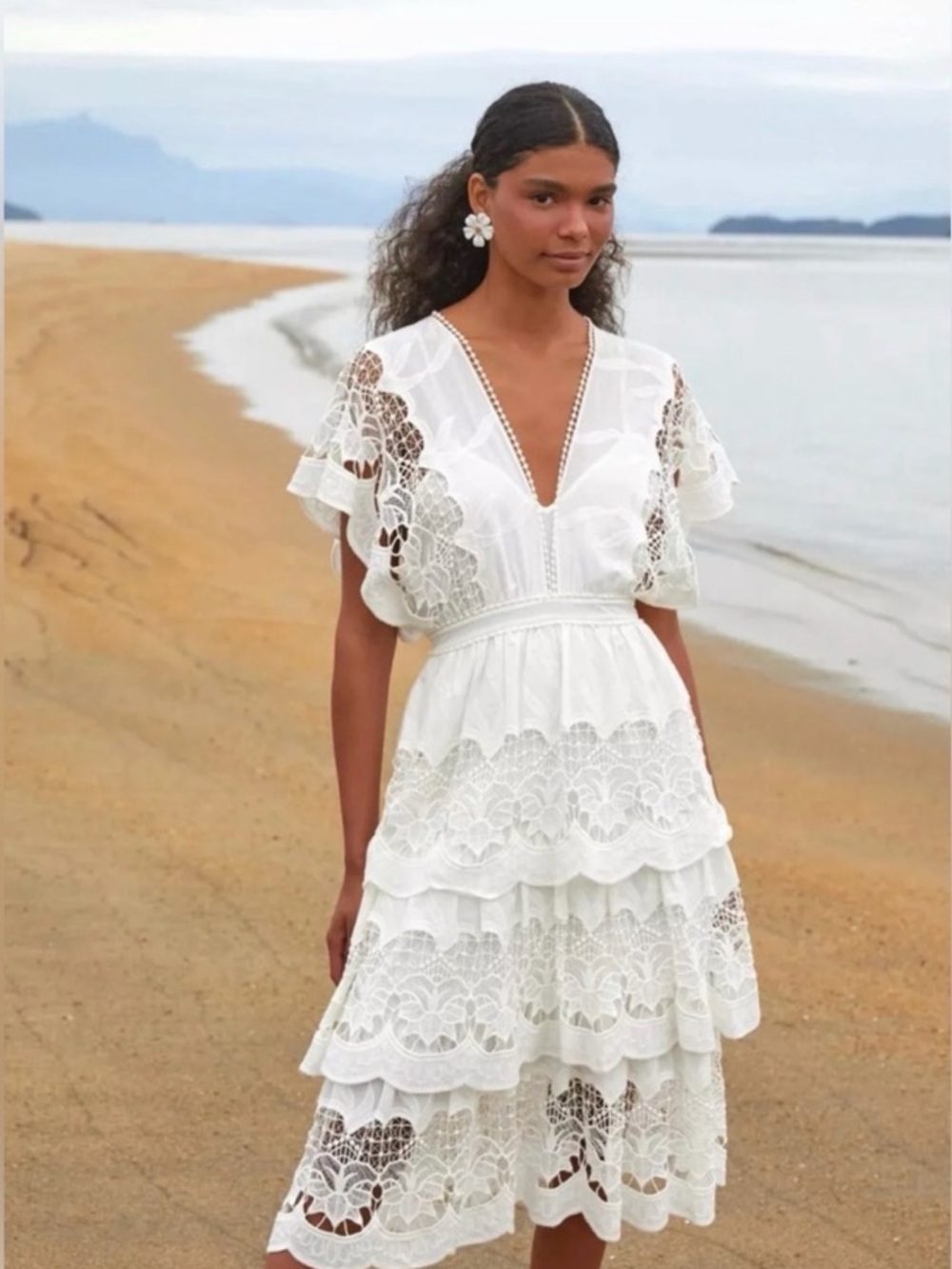 FARM Rio Off White Lace Richelieu Embroidered Tiered V-Neck Midi Dress